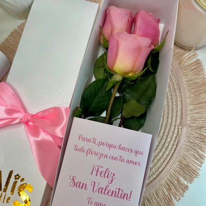 Caja amor con 3 rosas rosas