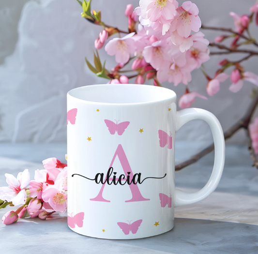 Taza mariposas con inicial y nombre